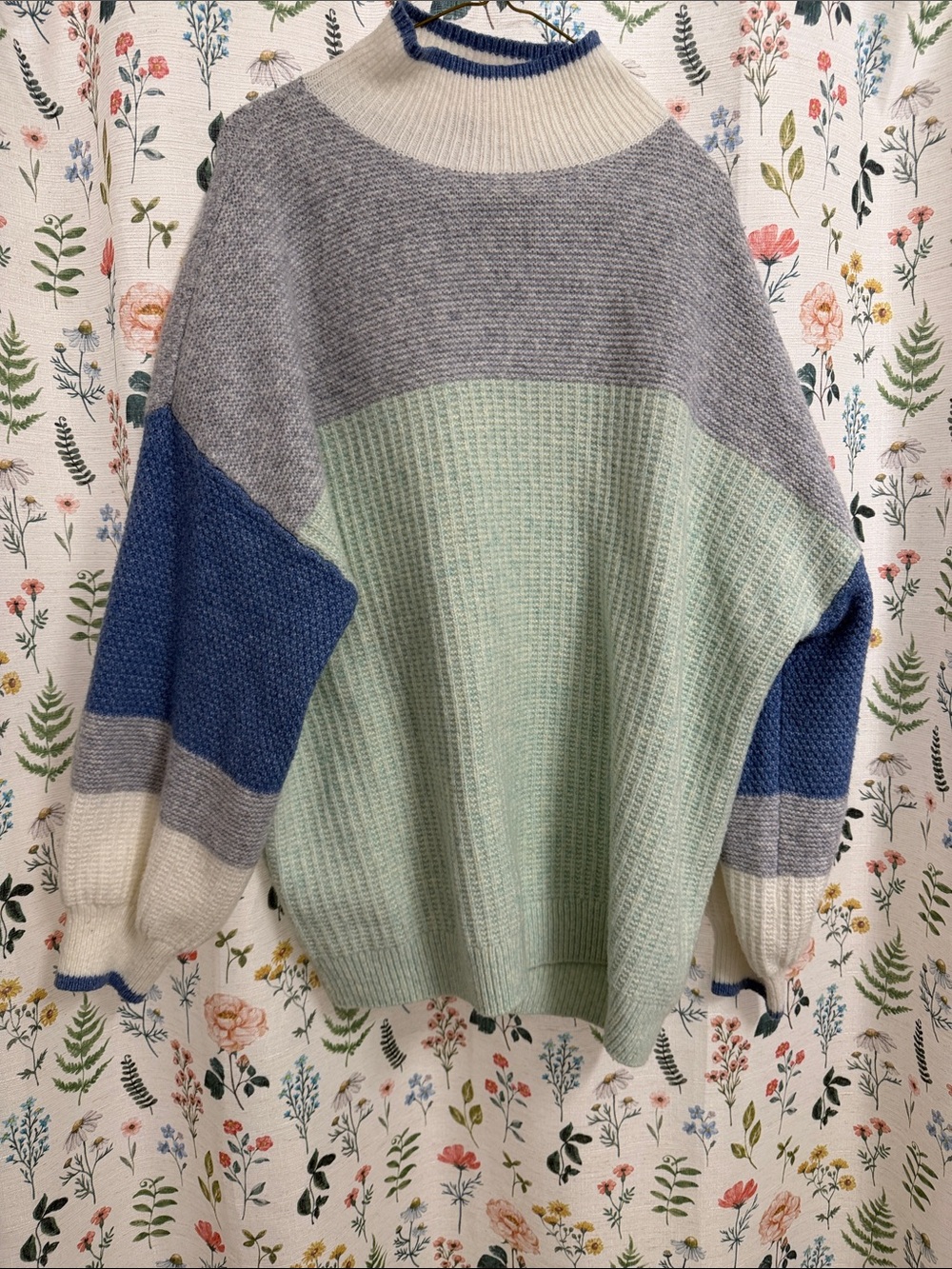 George Colorblock Cowl Sweater in Blue, Gray & Cream